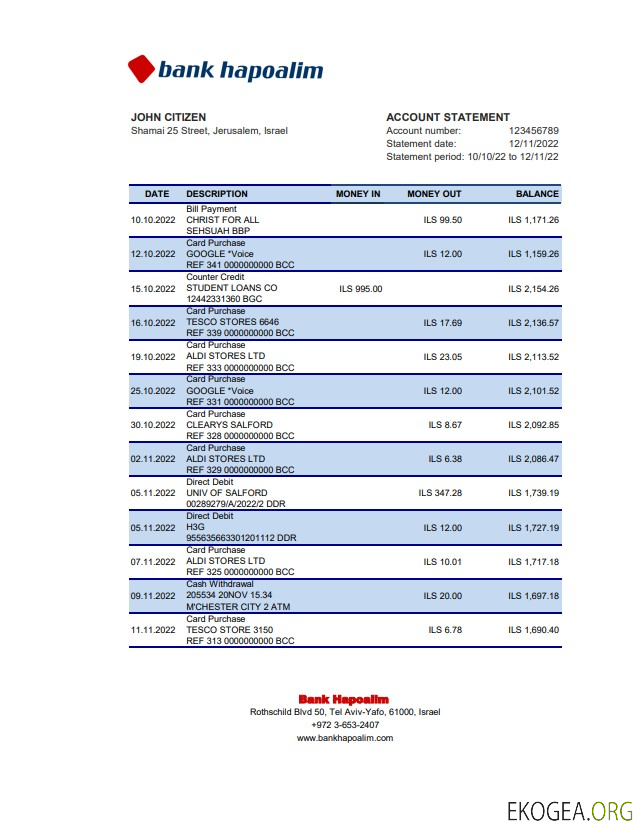 Modèle Excel et PDF de relevé bancaire d'Israël Hapoalim